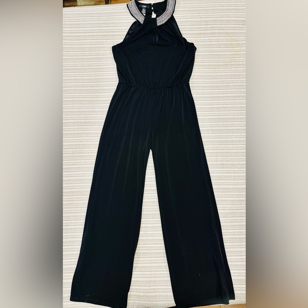Alfani Black Jumpsuit with a Jeweled Halter Neckline, Petite Small